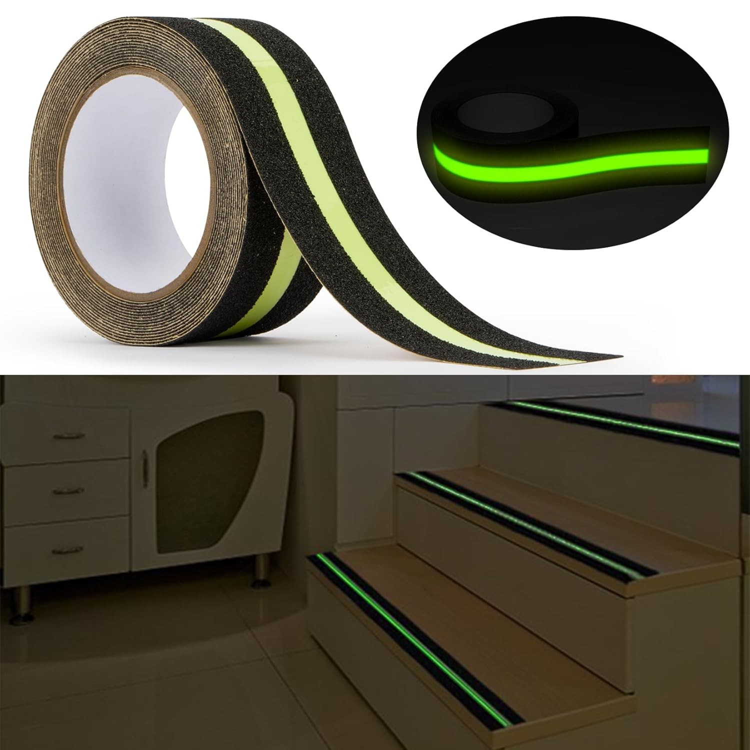 CARGEN Anti Skid Tape with Glow in The Dark, Heavy Duty Stair Green and Black