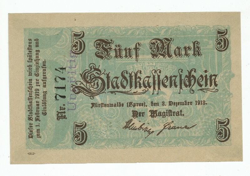 GERMANY BANKNOTE 5 MARK SPREE 1918 UNC