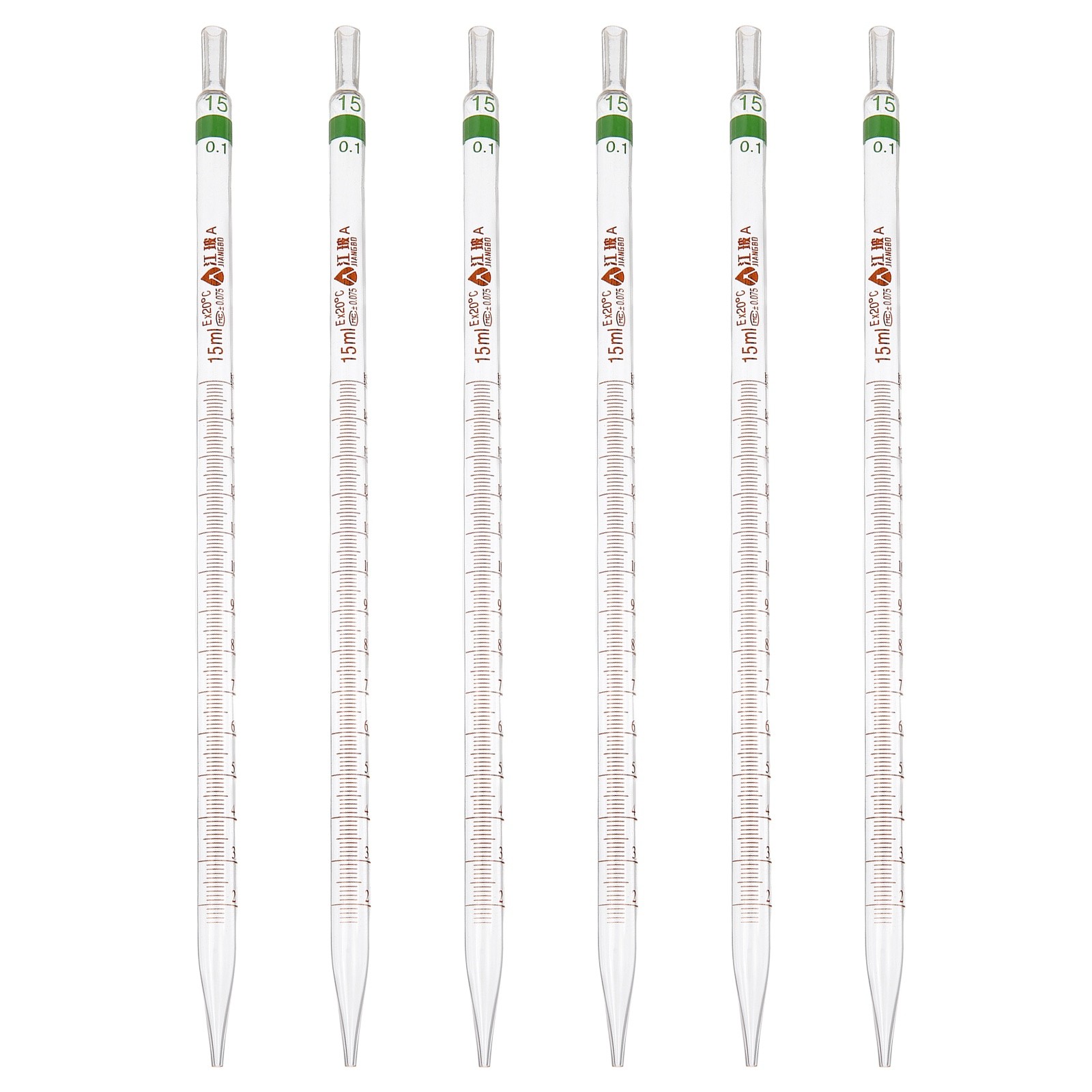 6Pcs 15ml Glass Graduated Pipettes +/- 0.08 Tolerance with Color-Coded, Clear