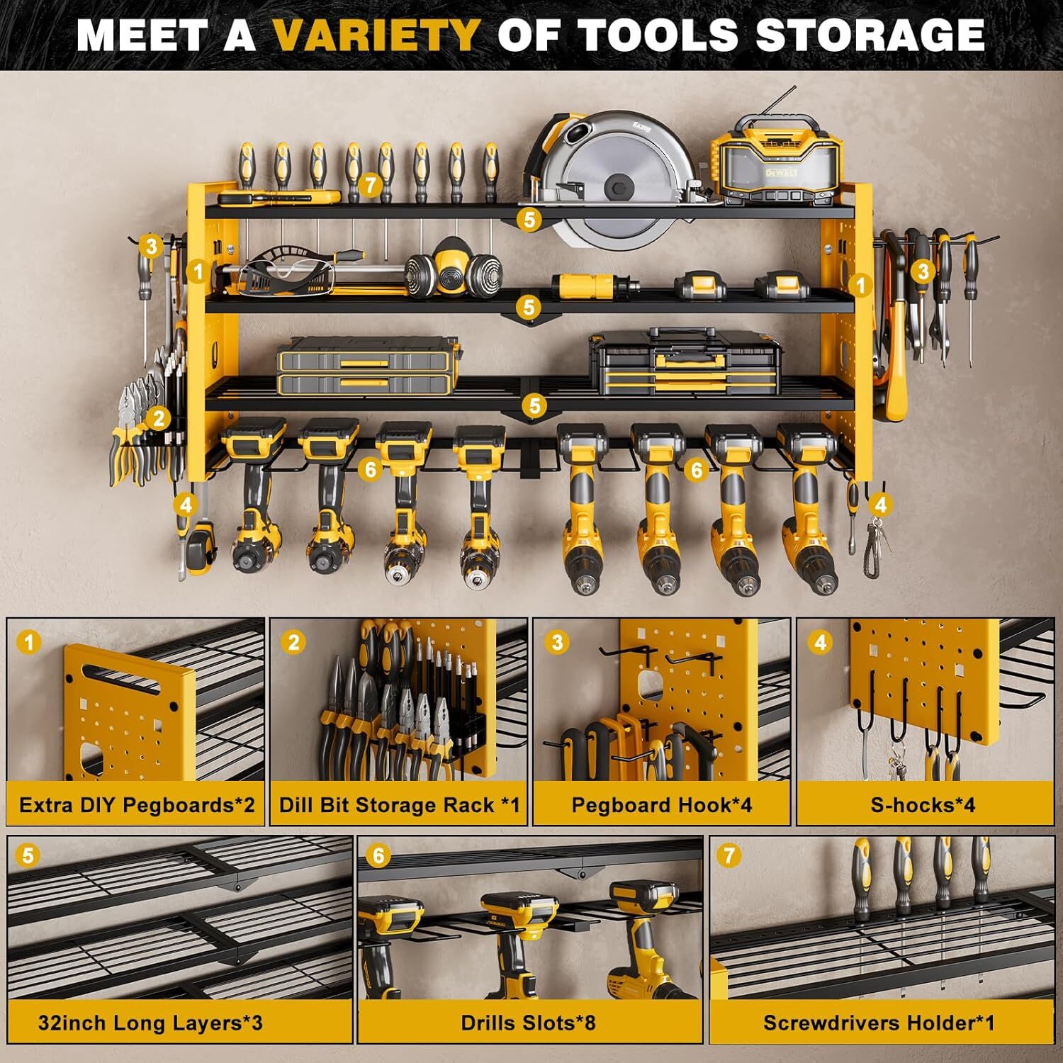Wall Mounted Power Tool Organizer,4-Tier Tool Rack with 8 Drill Holders (Yellow)