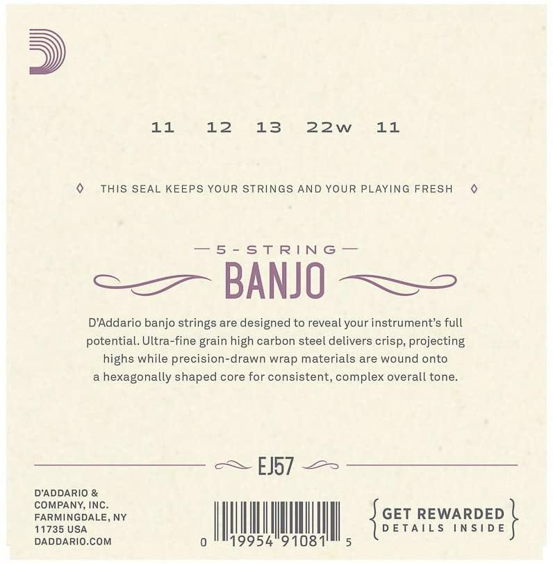 D'Addario EJ57 5-String Banjo Strings, Nickel, Custom Medium, 11-22