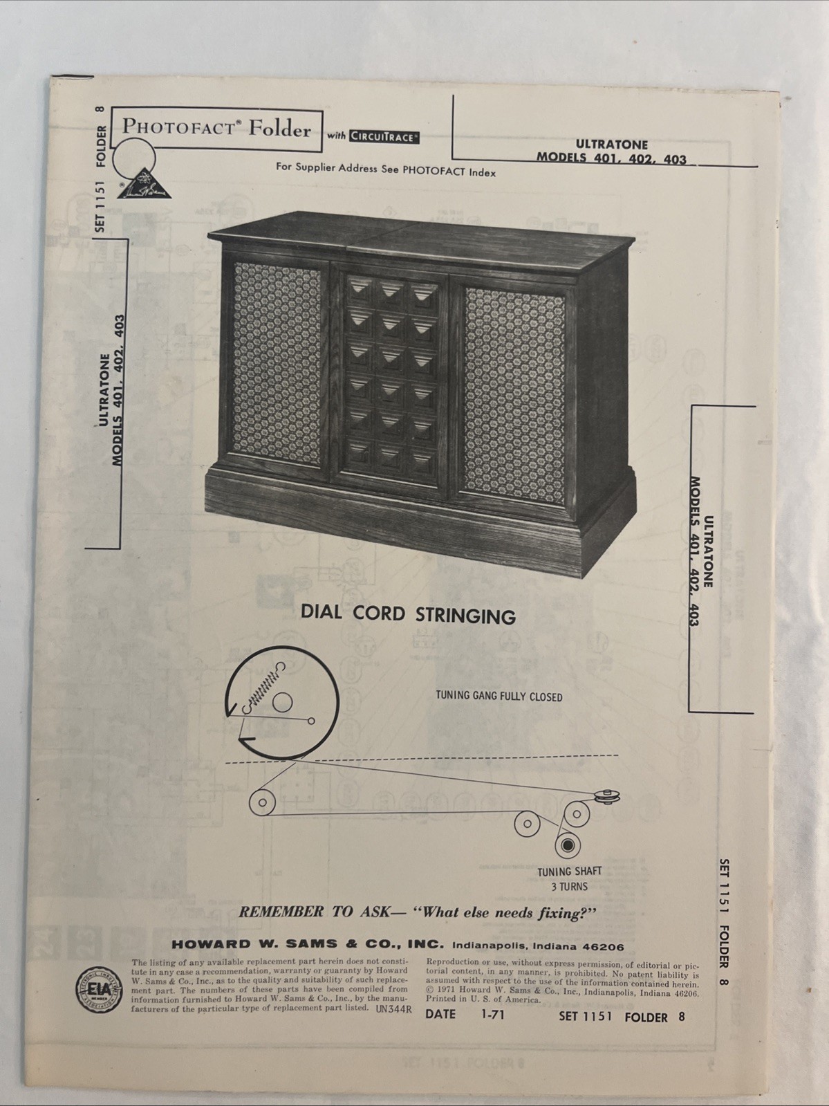 Vintage Sams Photofact Schematic 1-1971 ULTRATONE MODELS 401, 402, 403
