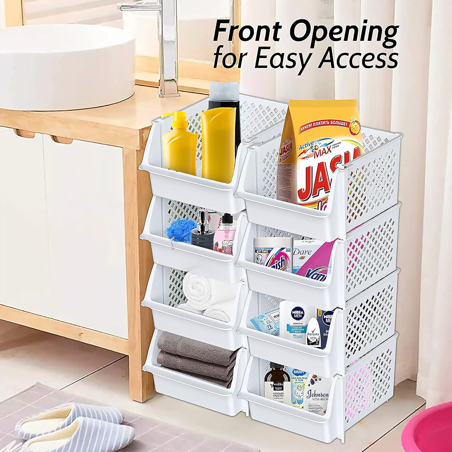 Tidyfriend Stackable Storage Bins for Pantry, 4 Pack Stackable Bins for Organizi