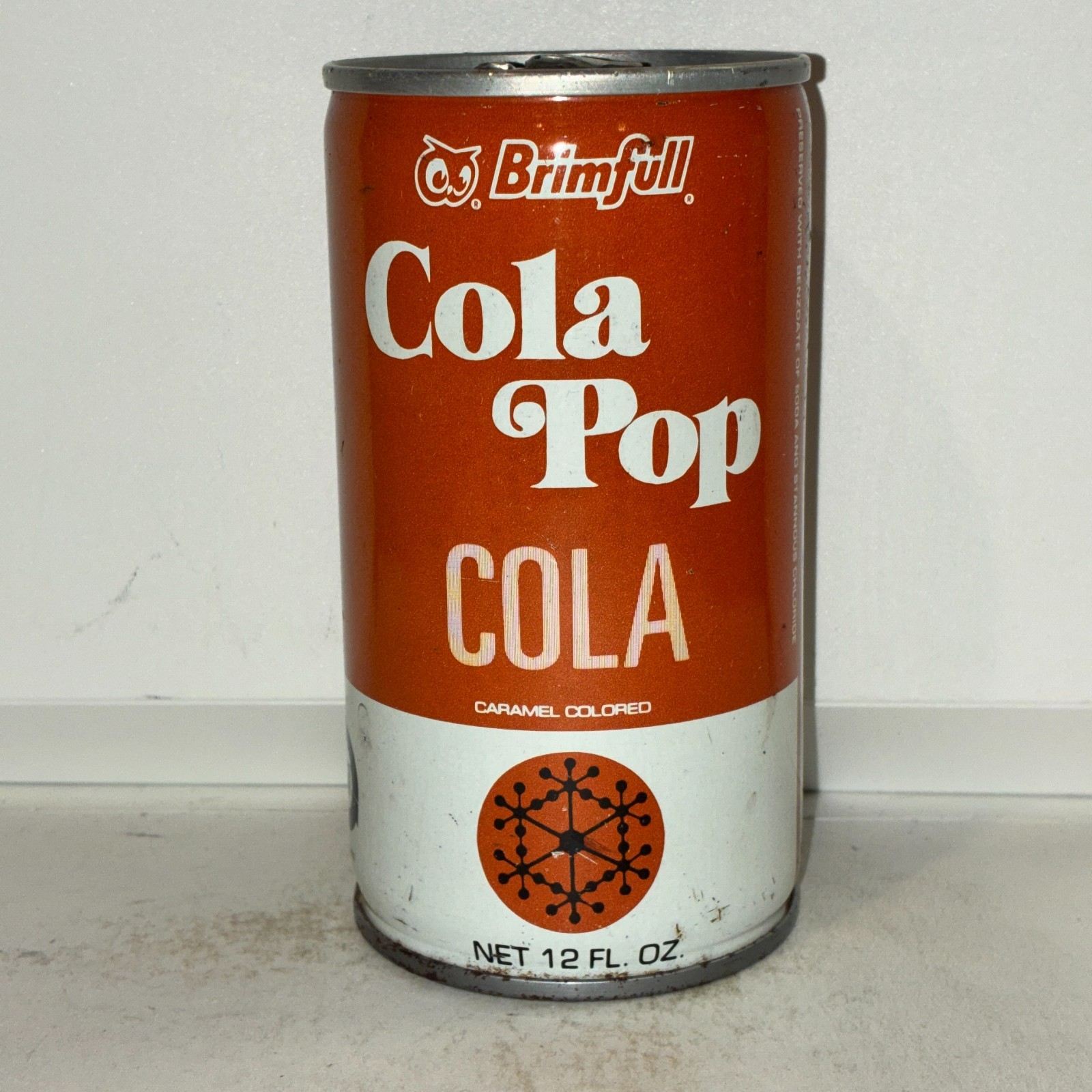 1970's Brimfull Cola Pop soda can, crimped steel