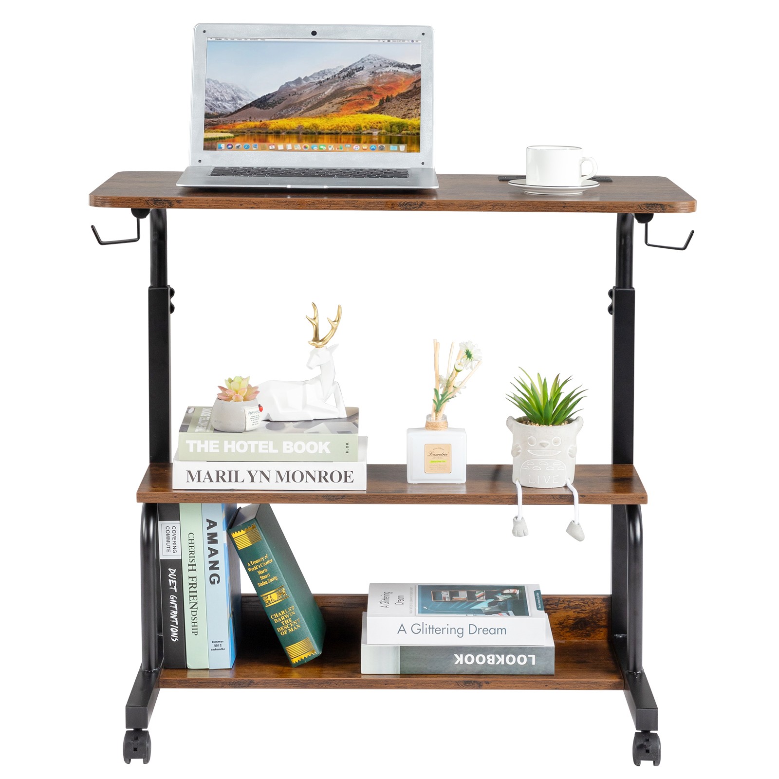 Vintage Brown Adjustable Computer Desk,3 USB + 2 AC Outlets,80‑104 cm Height
