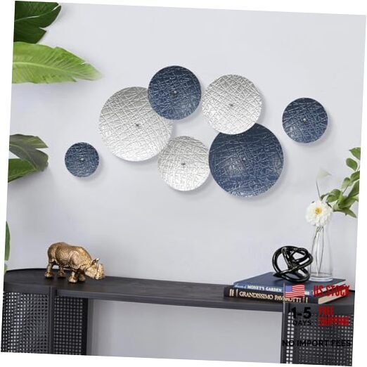 Silver and Blue Wall Decor for Living Room, 7PCS Metal Silver and Navy Blue