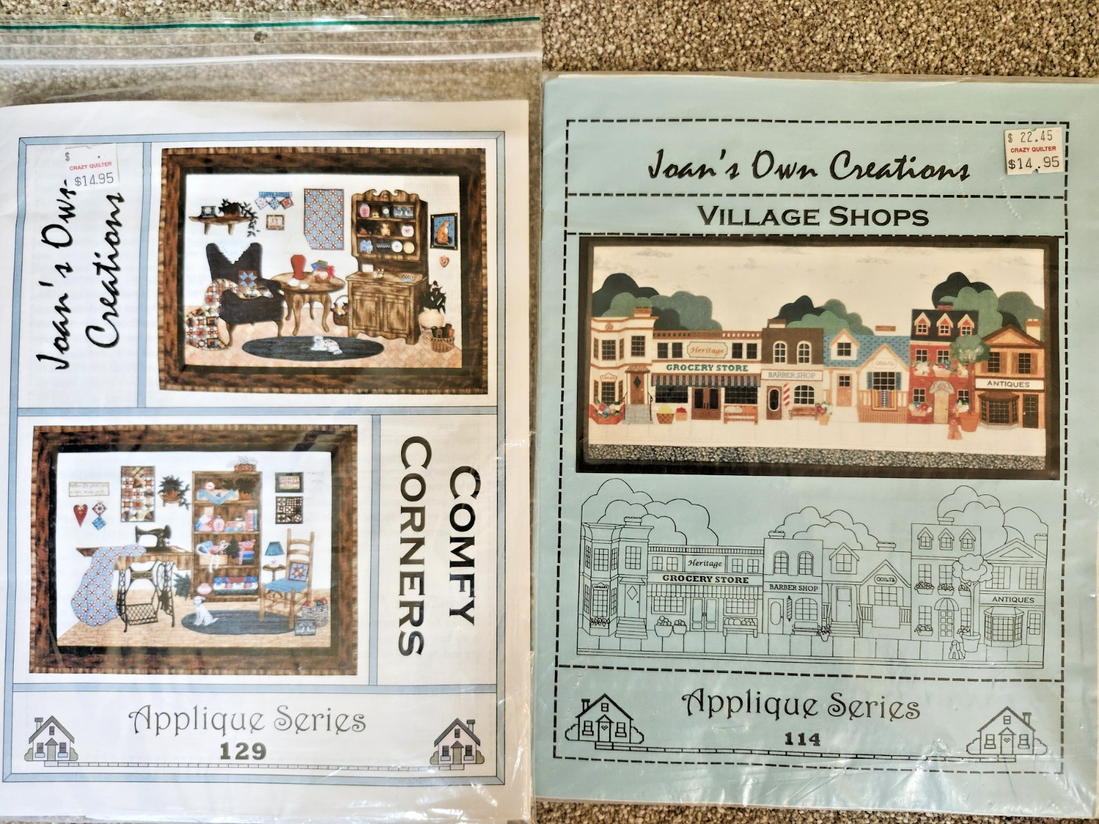 JOAN'S OWN CREATIONS COMFY CORNERS & VILLAGE SHOPS~APPLIQUE 2 Pattern Packs