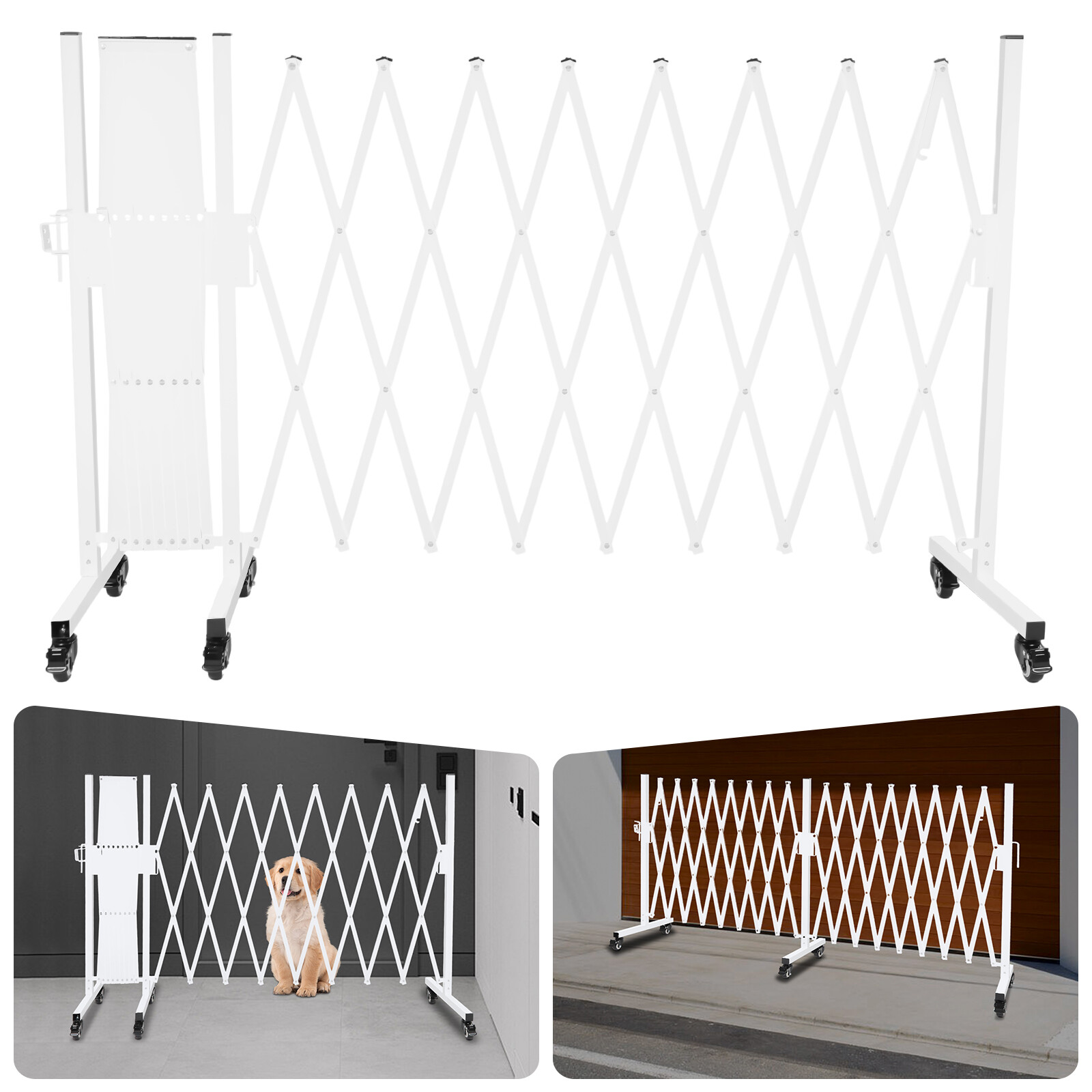 Mobile Expandable Folding Gate White Diamond 540×45×102cm Lockable Wheels