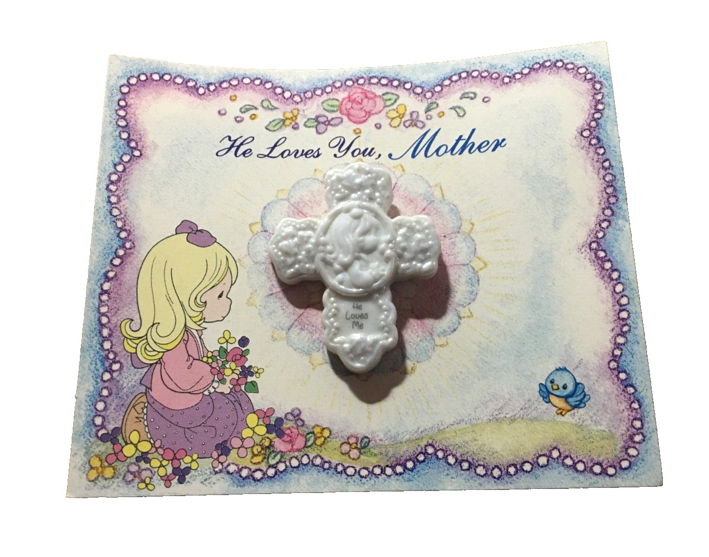 Vintage 1995 Precious Moments Brooch "He Loves You, Mother" #154865 Cross Pin