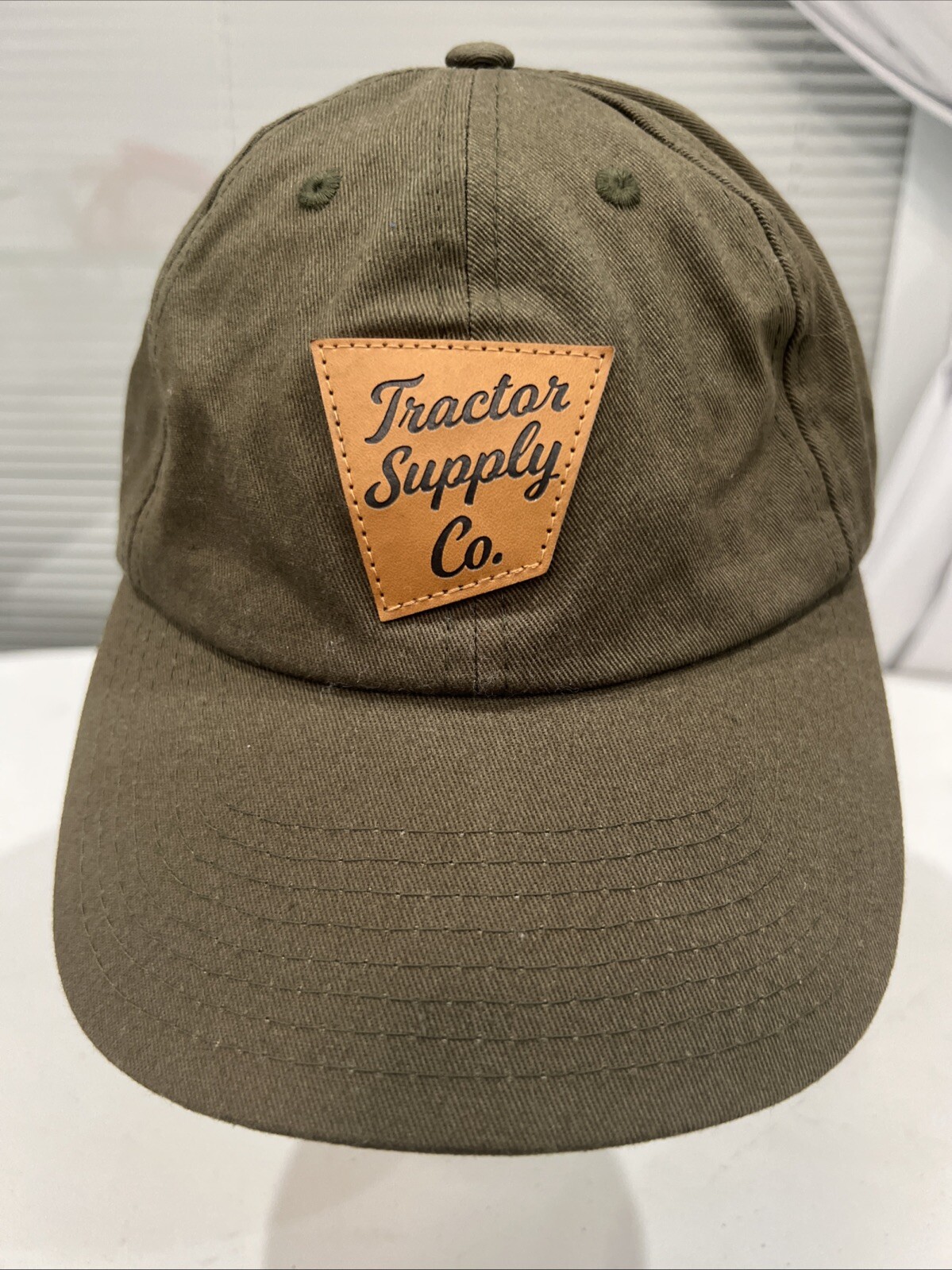 Tractor Supply Co. Leather Patch Olive Green Hat Cap Cotton Strap Buckle EUC