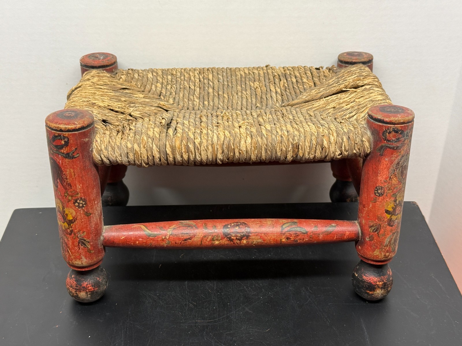Antique Rustic Primitive Folk Art Hand Painted Wood Rush Red Seat Bench Stool