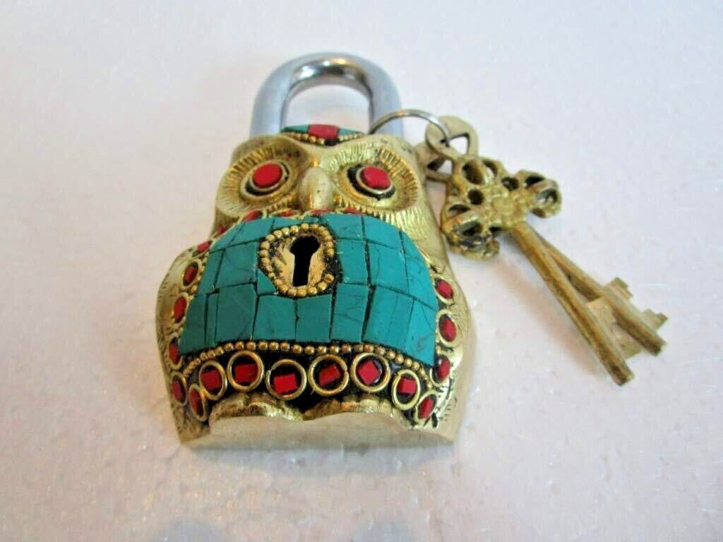 Handmade Working Functional Owl Shape Brass Padlock with Keys With Color Stone