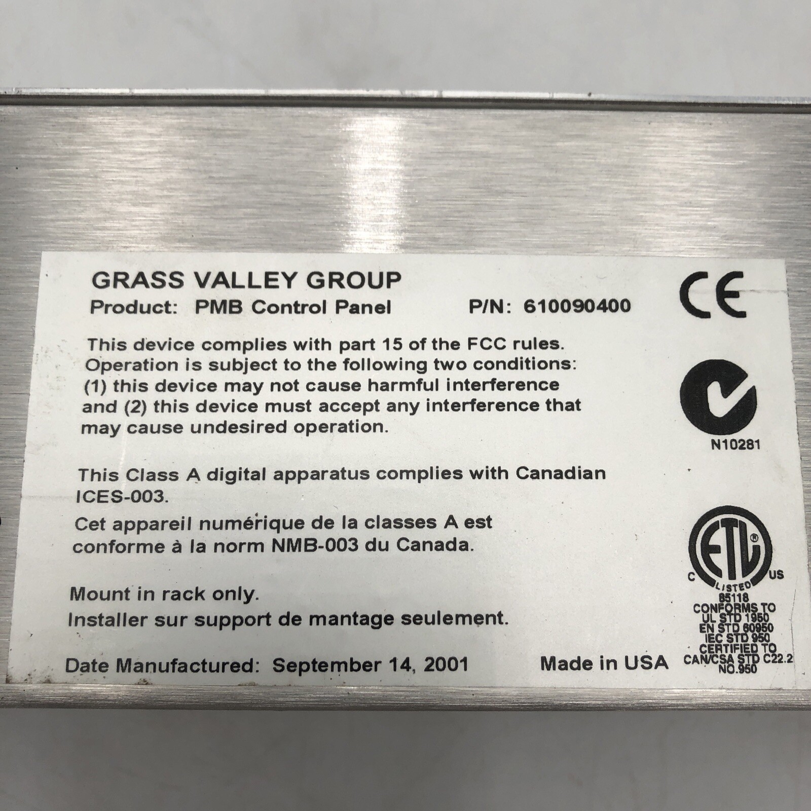 USED Grass Valley Encore/Prelude PMB Control Panel POWER TESTED READ D