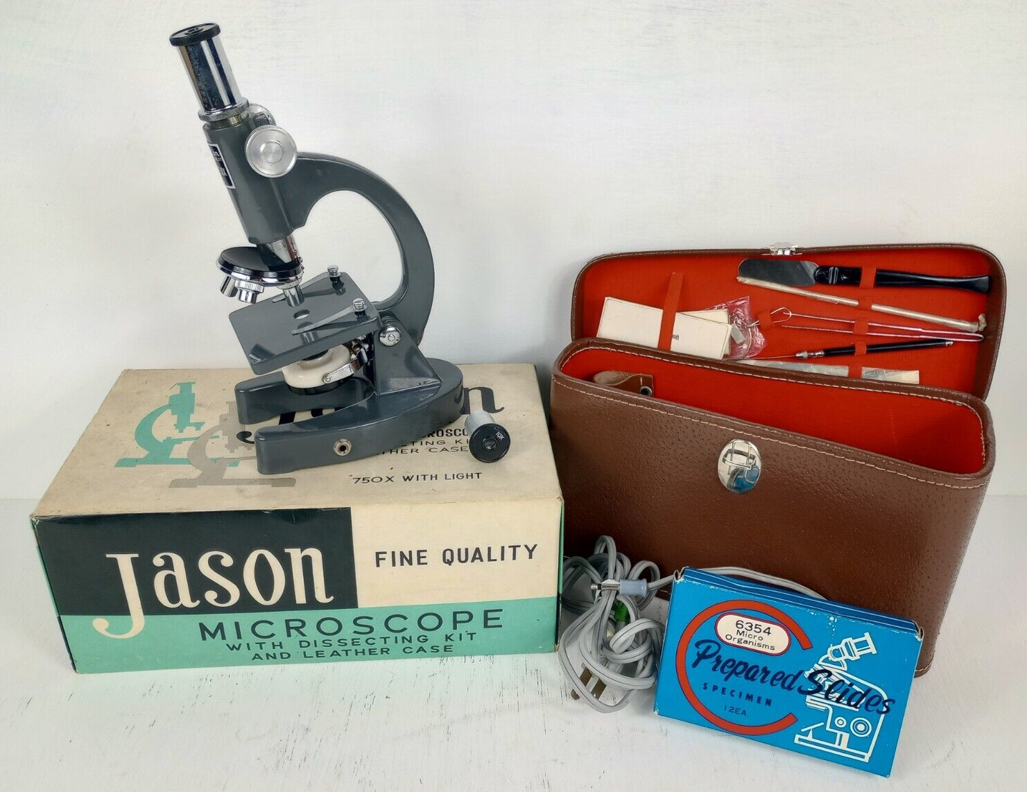 Vintage Jason Fine Quality Microscope w/ Dissecting Kit Leather Case Slides