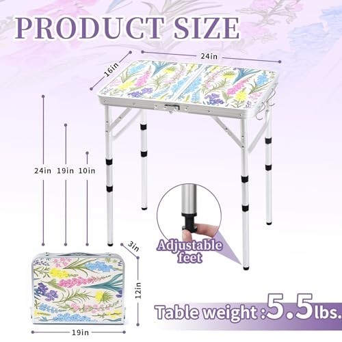 Folding Camping Table 2ft Portable Adjustable Height 3 Positions Lightweight