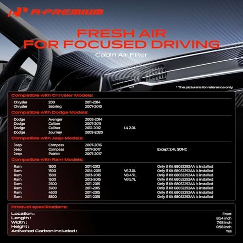 2-PC Cabin Air Filter with Activated Carbon Compatible with Chrysler 200,