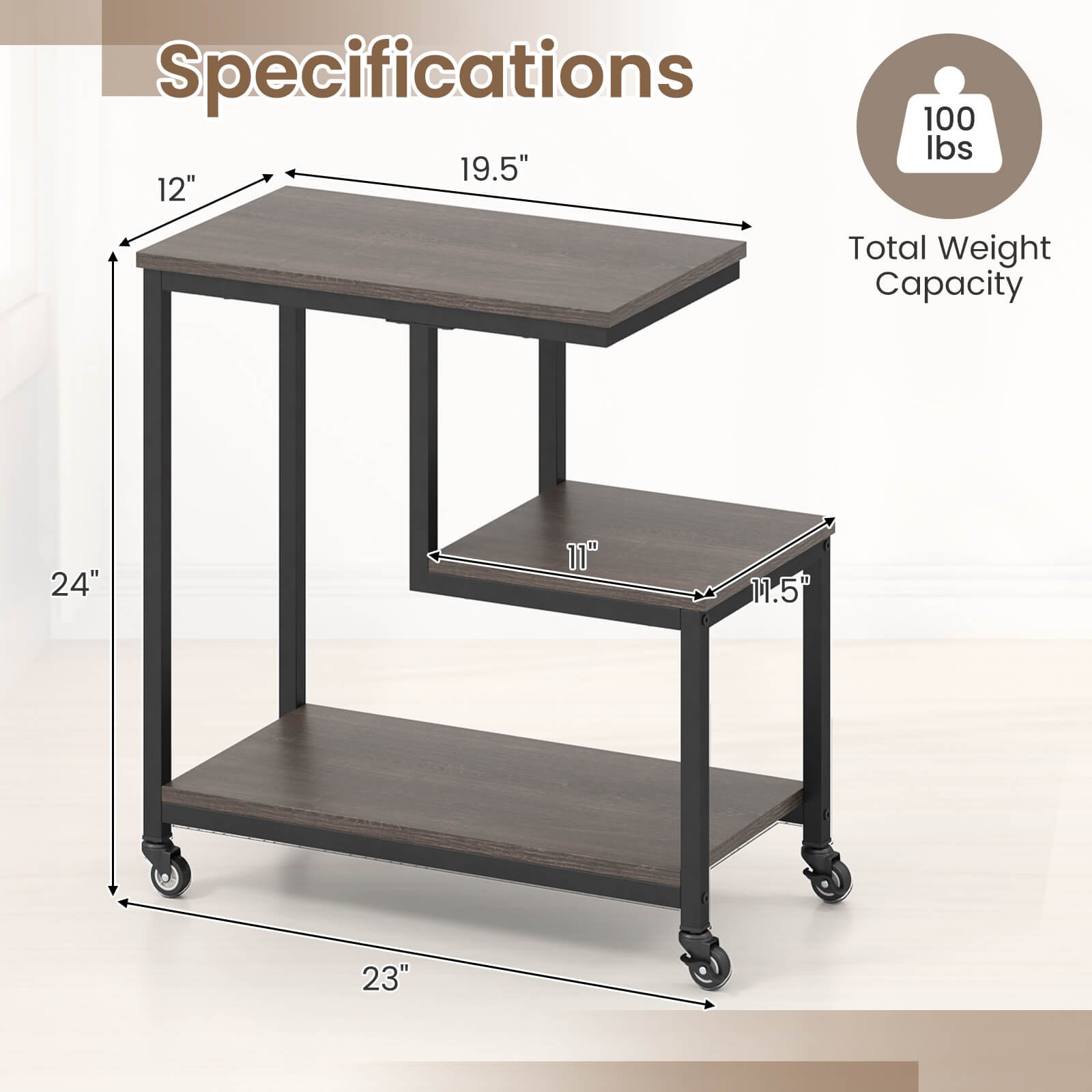 Modern G-Shaped End Table Home 3-Tier Side Table w/ Storage Shelves Accent Table