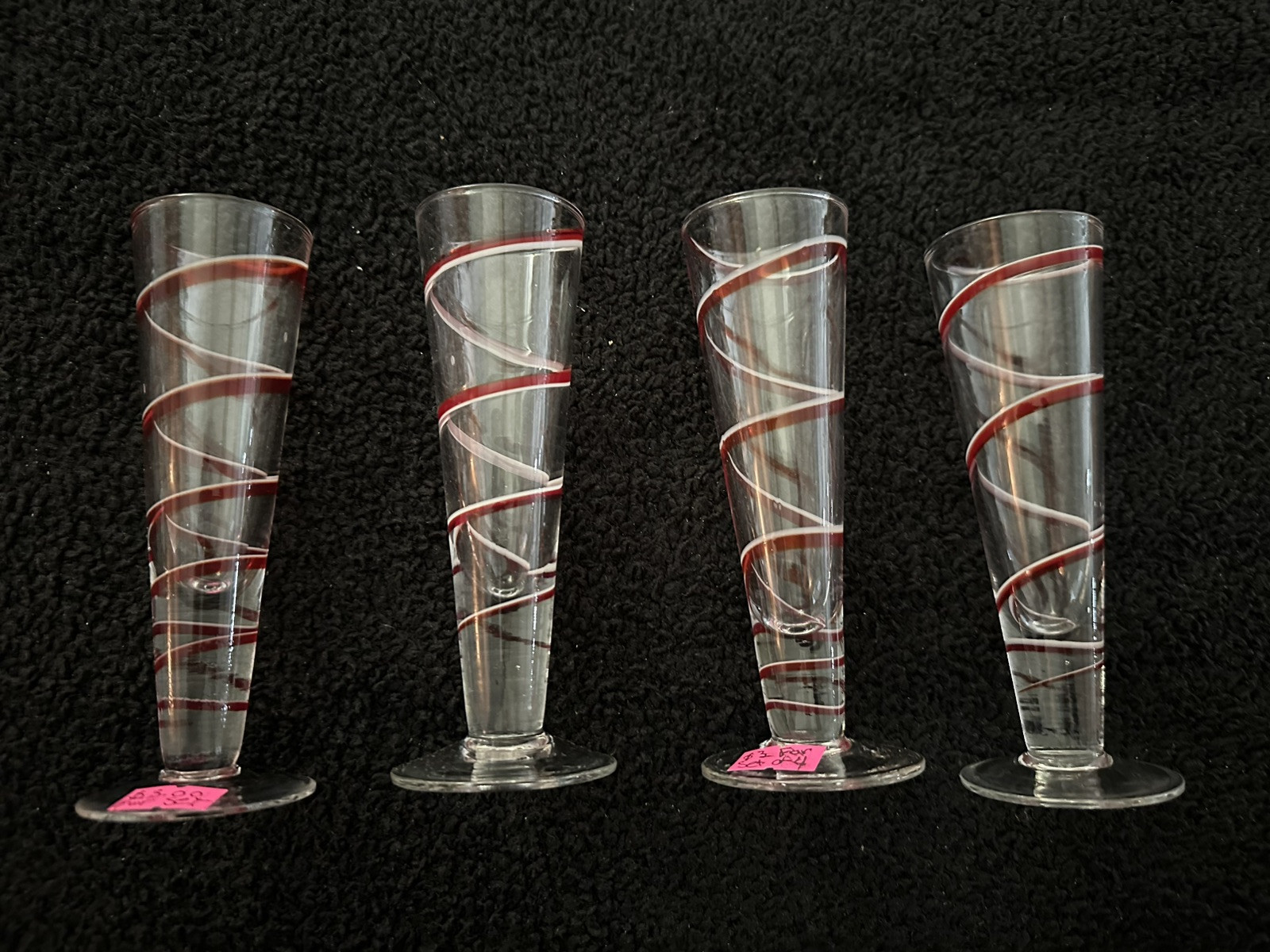 Vintage Holiday Themed Shot Glasses W Peppermint Colored Swirl - Set Of Four