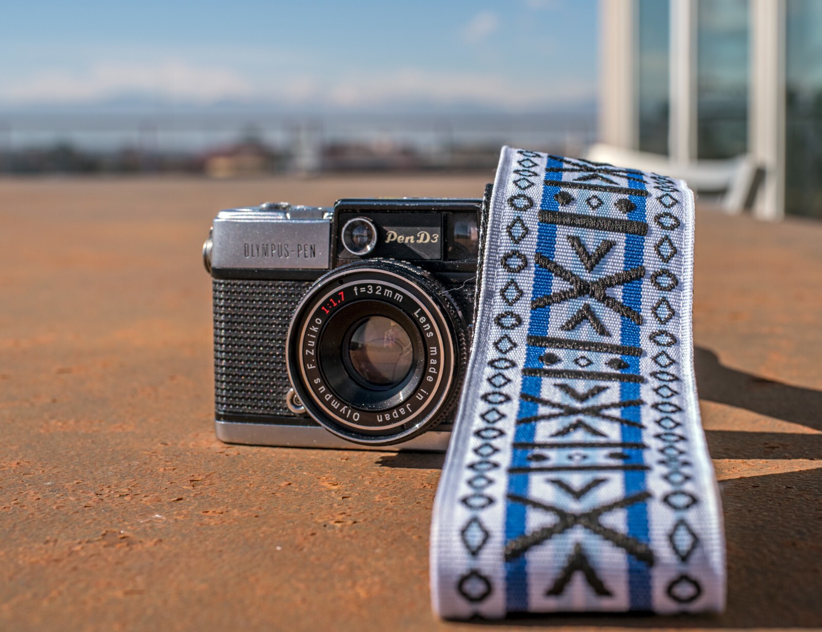 Stunning White, Blue, and Black Geometric Pattern Hippie-inspired Camera Strap