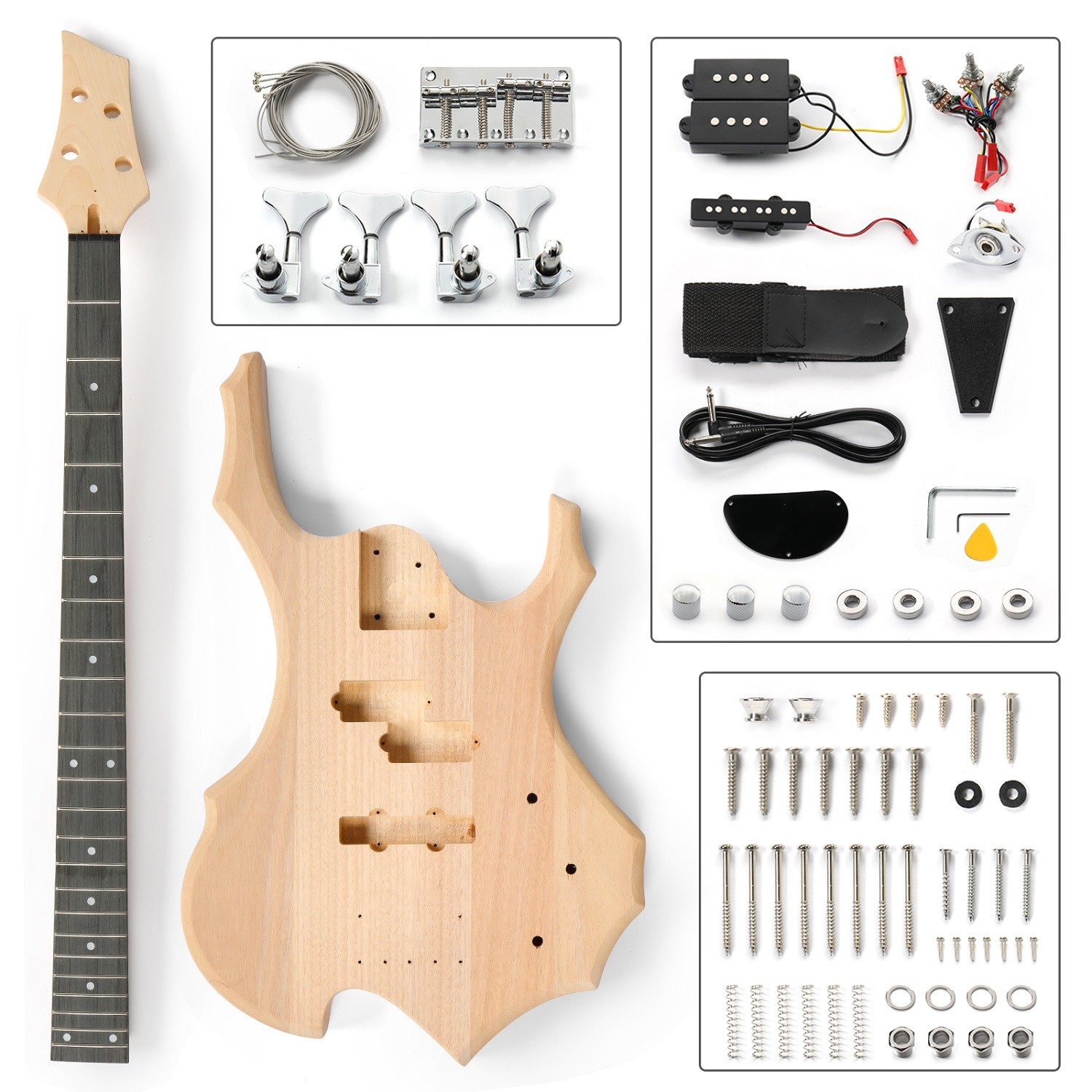 DIY 4 String Flame Shaped Style Electric Bass Guitar Kits w/ Mahogany Body Neck