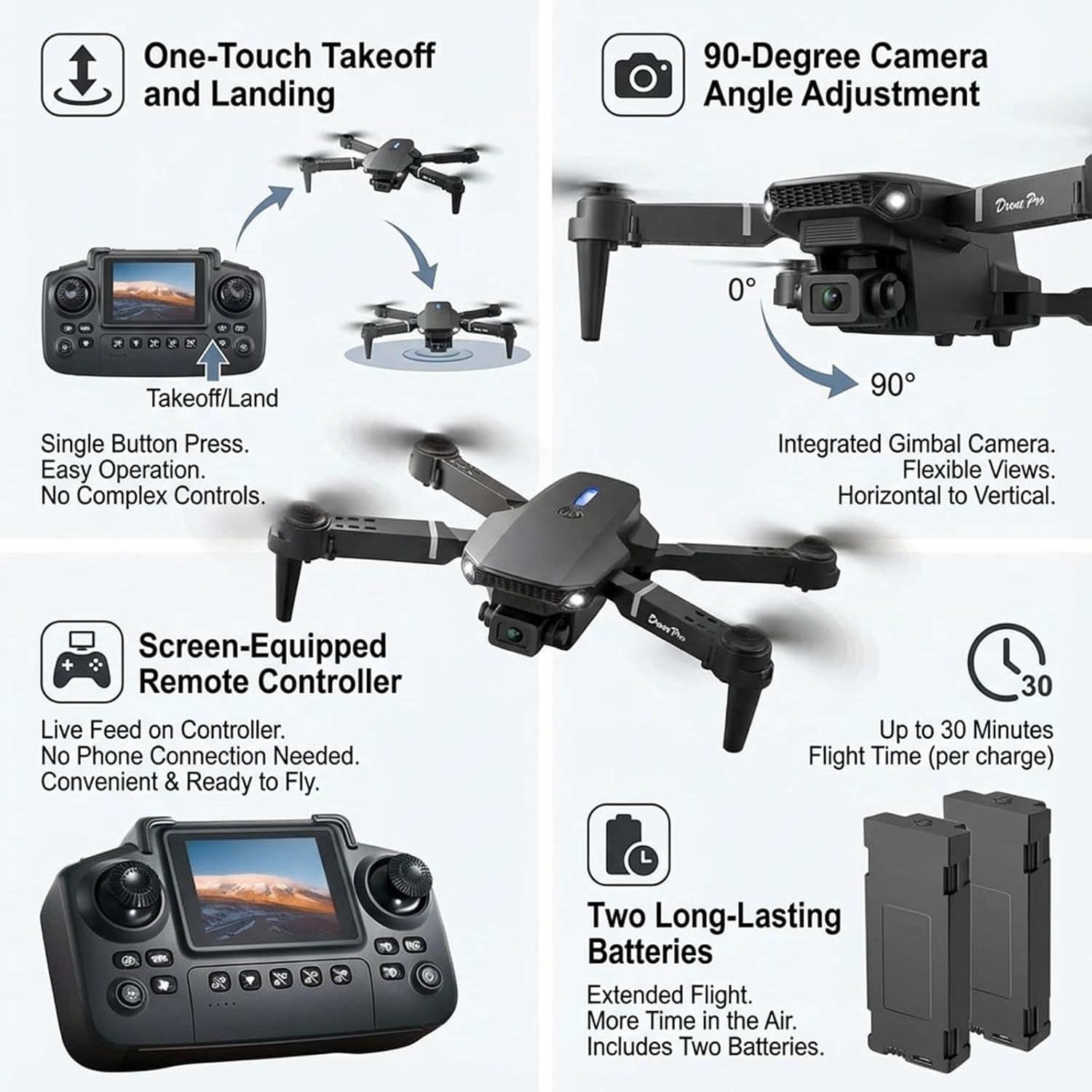 Foldable Drone with Screen Controller 1080p HD Camera 2 Batteries Beginner