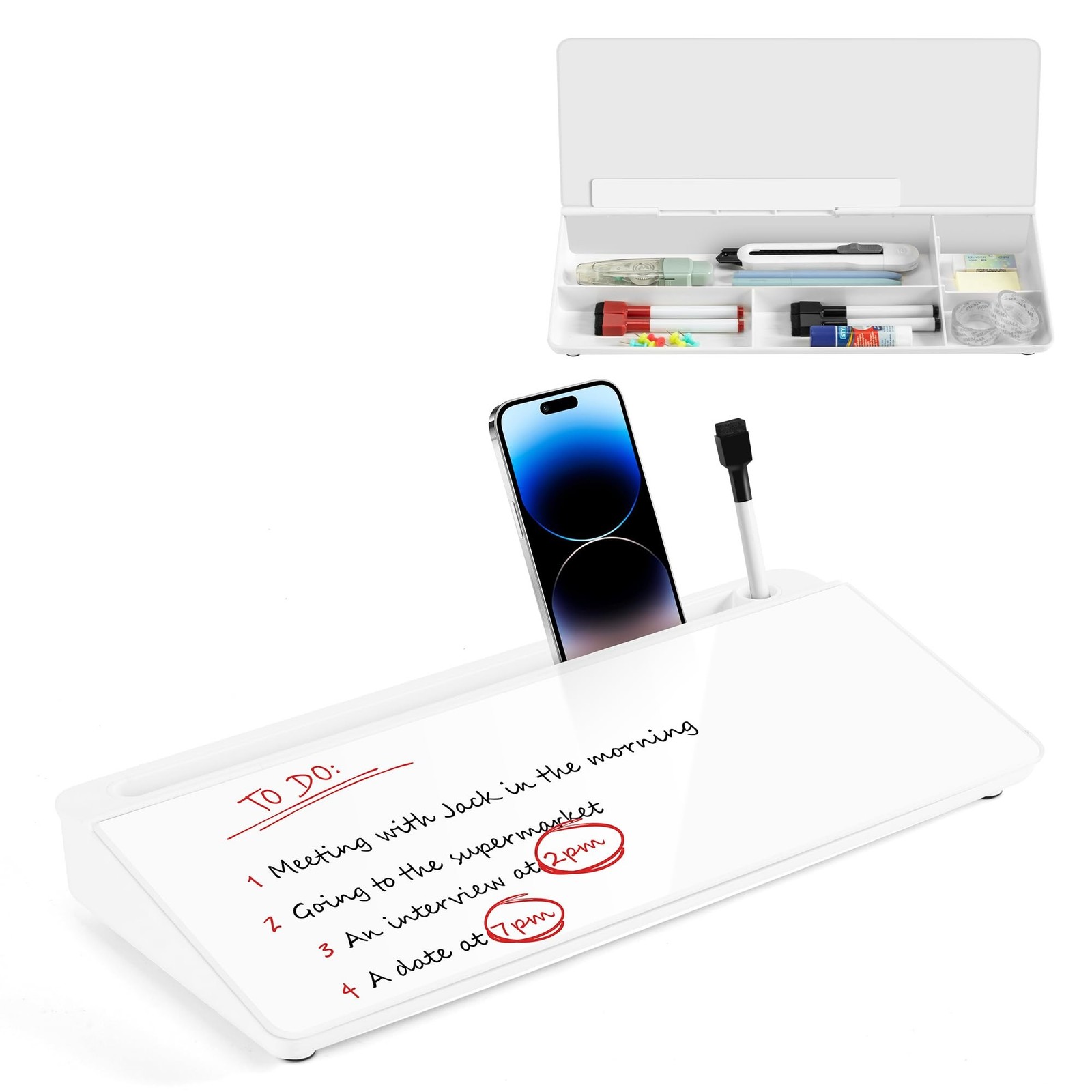VUSIGN Glass Desktop Whiteboard with Storage, Small Organizer Dry Erase Board...