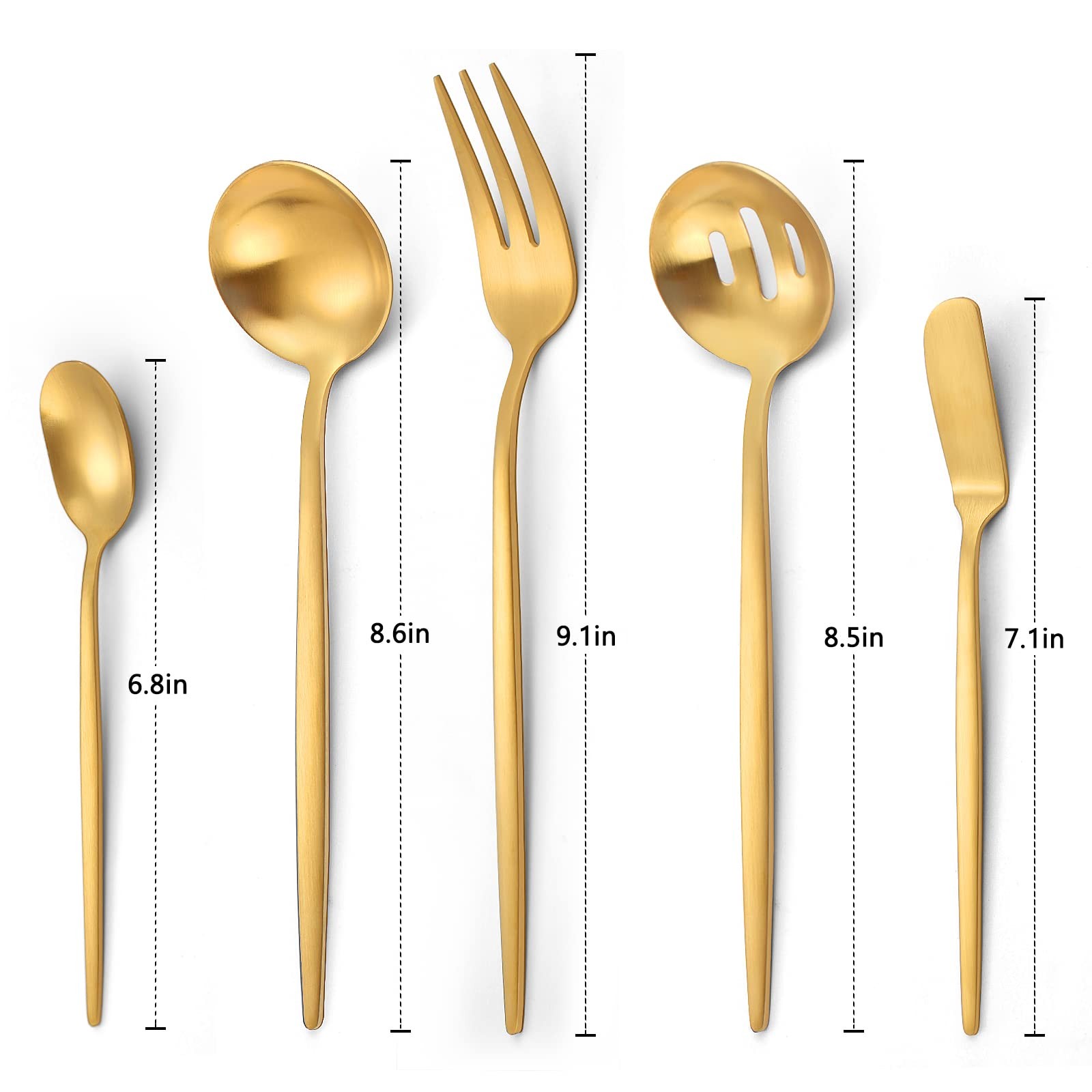 VANVRO Matte Gold Serving Silverware Set, 5-Piece Round Shared Utensils Set o...