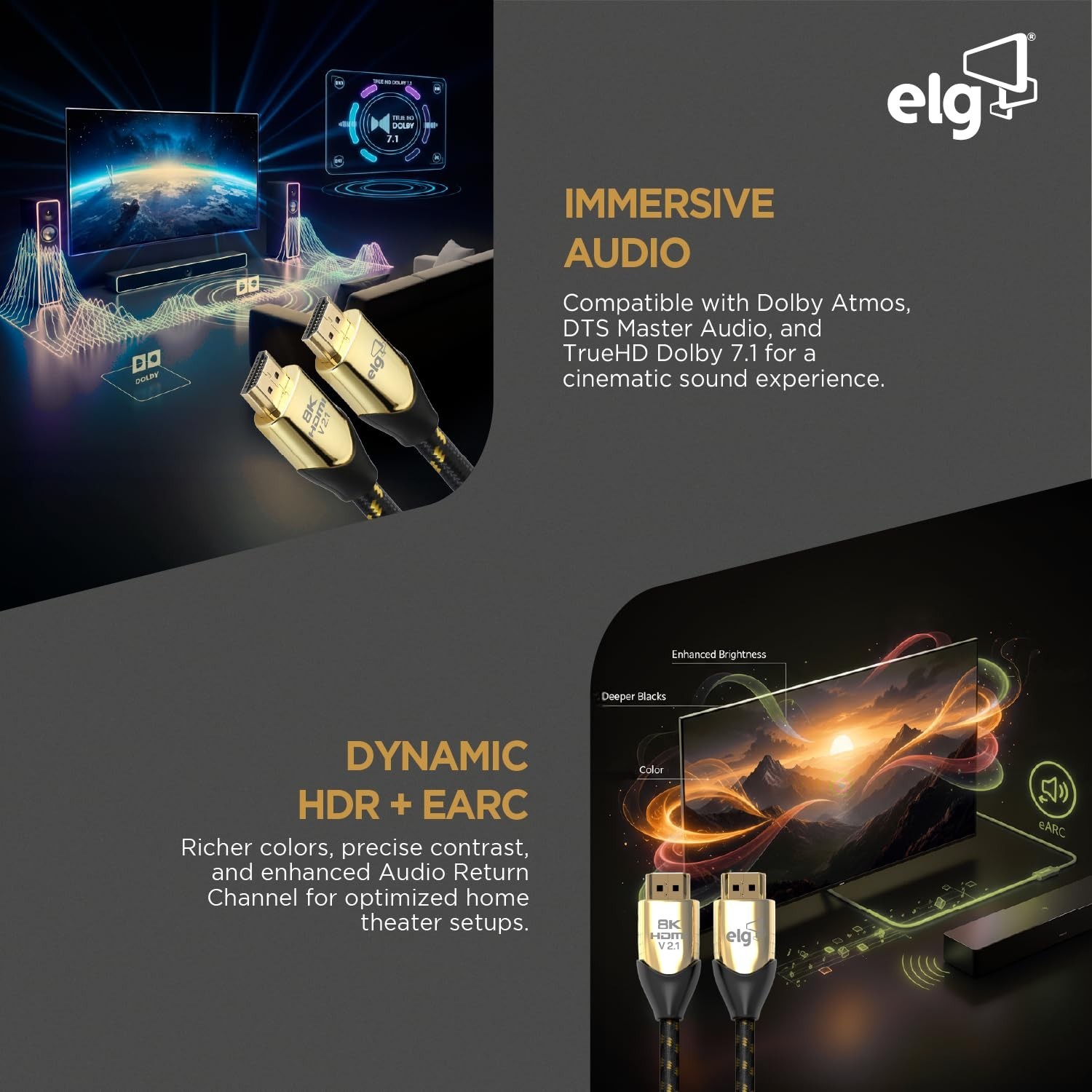 ELG 8K Ultra High Speed HDMI 2.1 Cable, 48Gbps Bandwidth, eARC & VRR Support,...