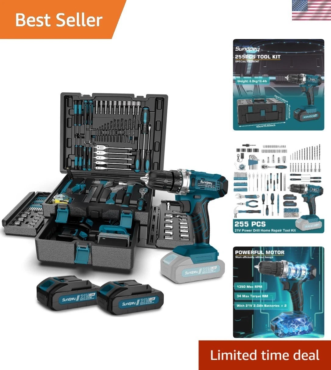 21V Cordless Drill & 255-Piece Complete Tool Set for Home & Auto Repairs