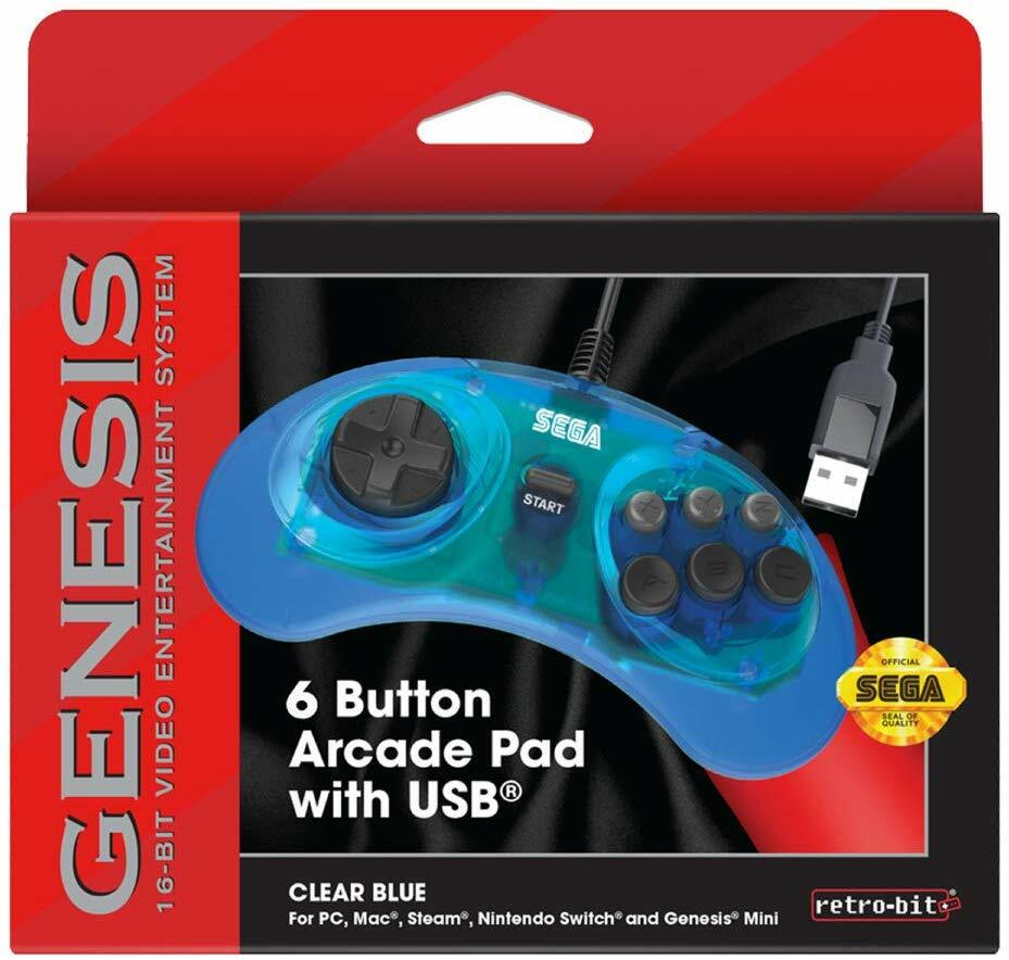 Retro-Bit Official USB Controller 6-Button for Sega Genesis Mini, PC/Mac- Blue