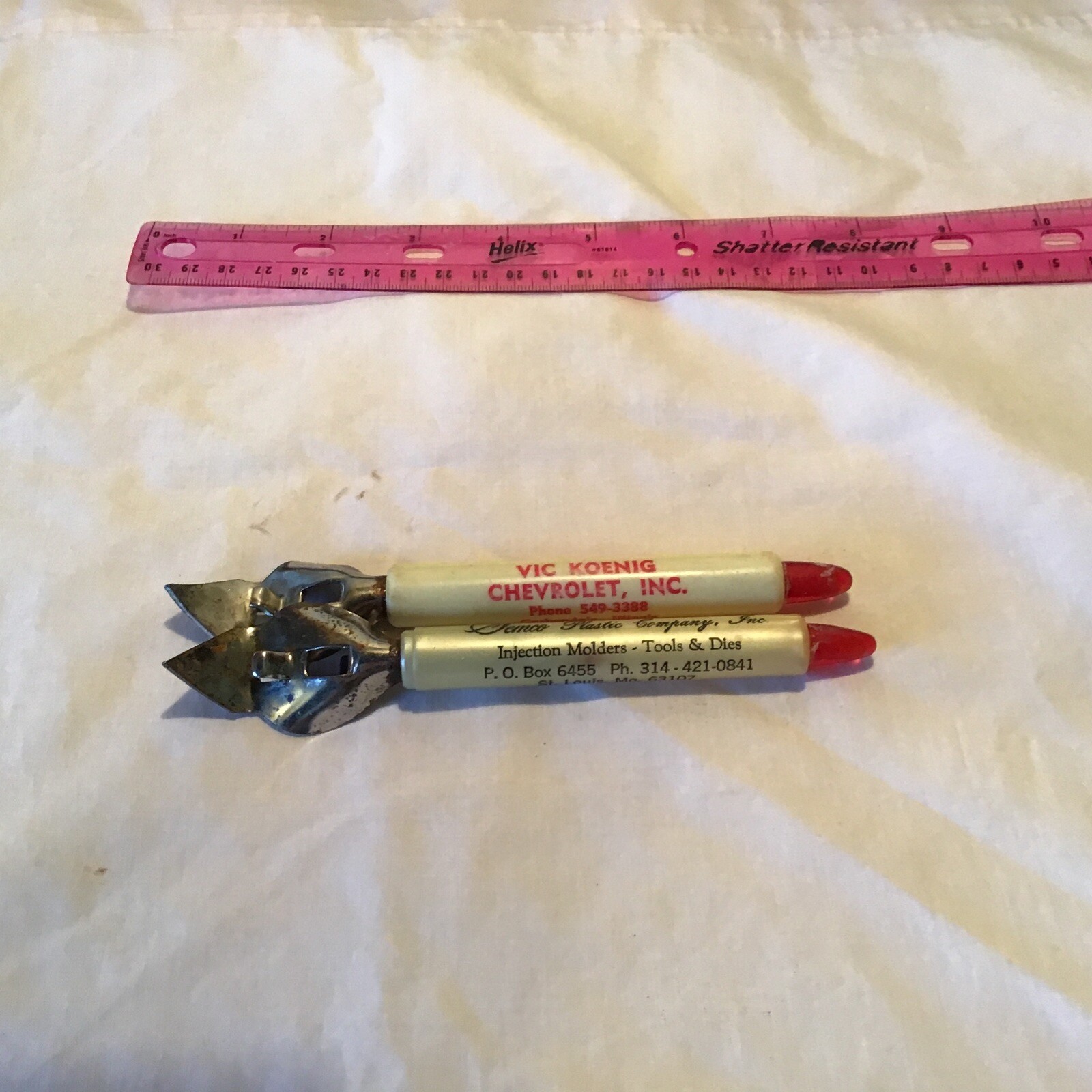 lot of 2 Metal & Plastic Bottle Openers Car & Plastic Co. Illinois Advertiser