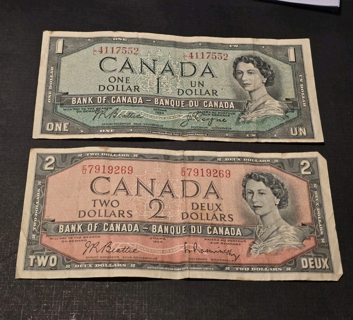 1954 Canadian One Dollar & Two Dollar Banknotes - Bank of Canada