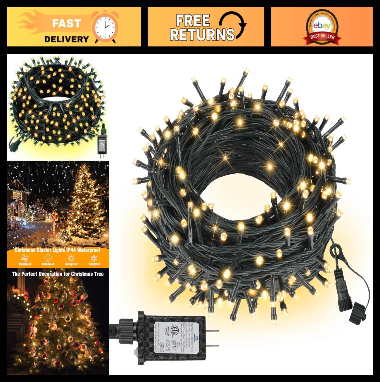 99FT 300 LED Outdoor String Lights - Connectable, 8 Modes, Timer, Warm White for