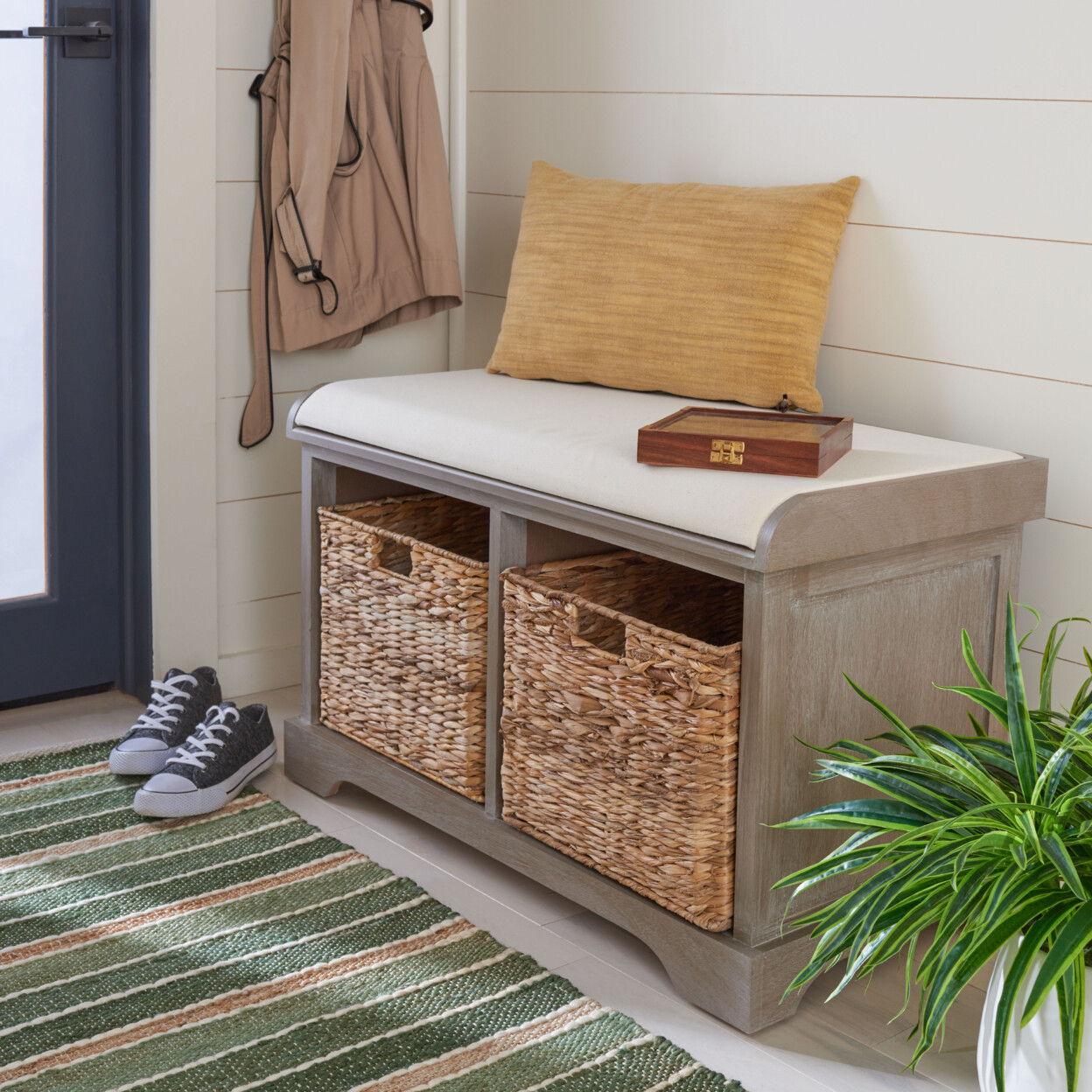 SAFAVIEH Freddy Wicker Storage Bench | White Washed |