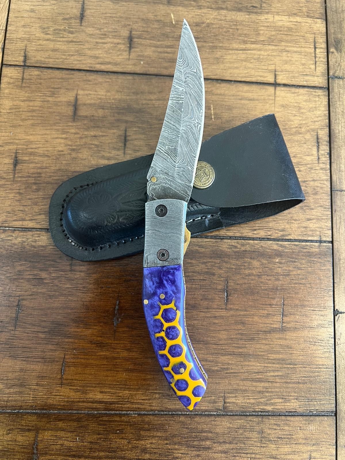 8" CUSTOM HANDMADE DAMASCUS HONEYCOMB RESIN HANDLE FOLDING KNIFE WITH SHEATH F9