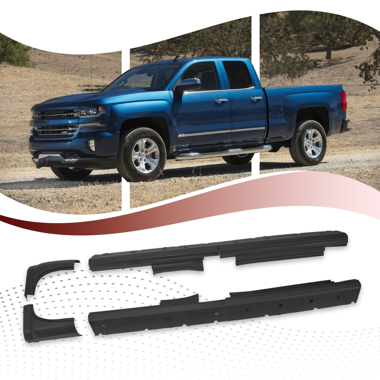 For 2014-2018 Chevy Gmc Pickup Slip-on Rocker Cab Corner 4 Door Ext Cab Black