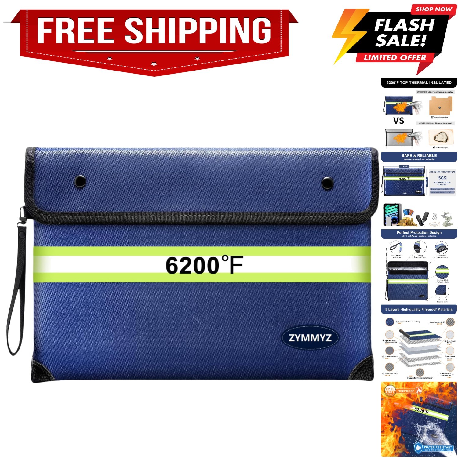 6200℉ Fireproof and Waterproof Document Pouch with Water Resistant Zipper,9 L...