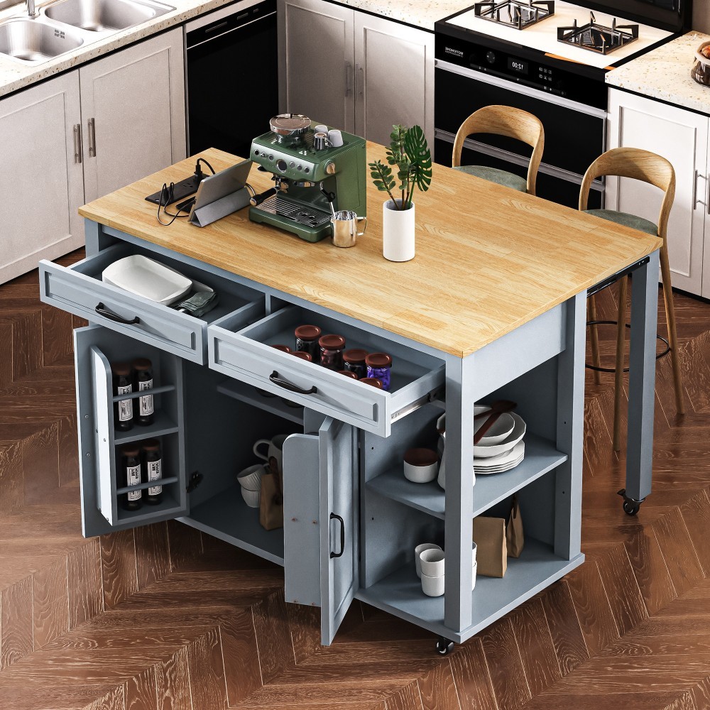 47 inch Kitchen Island with Extendable Dining Table, Rubber Wood Veneer