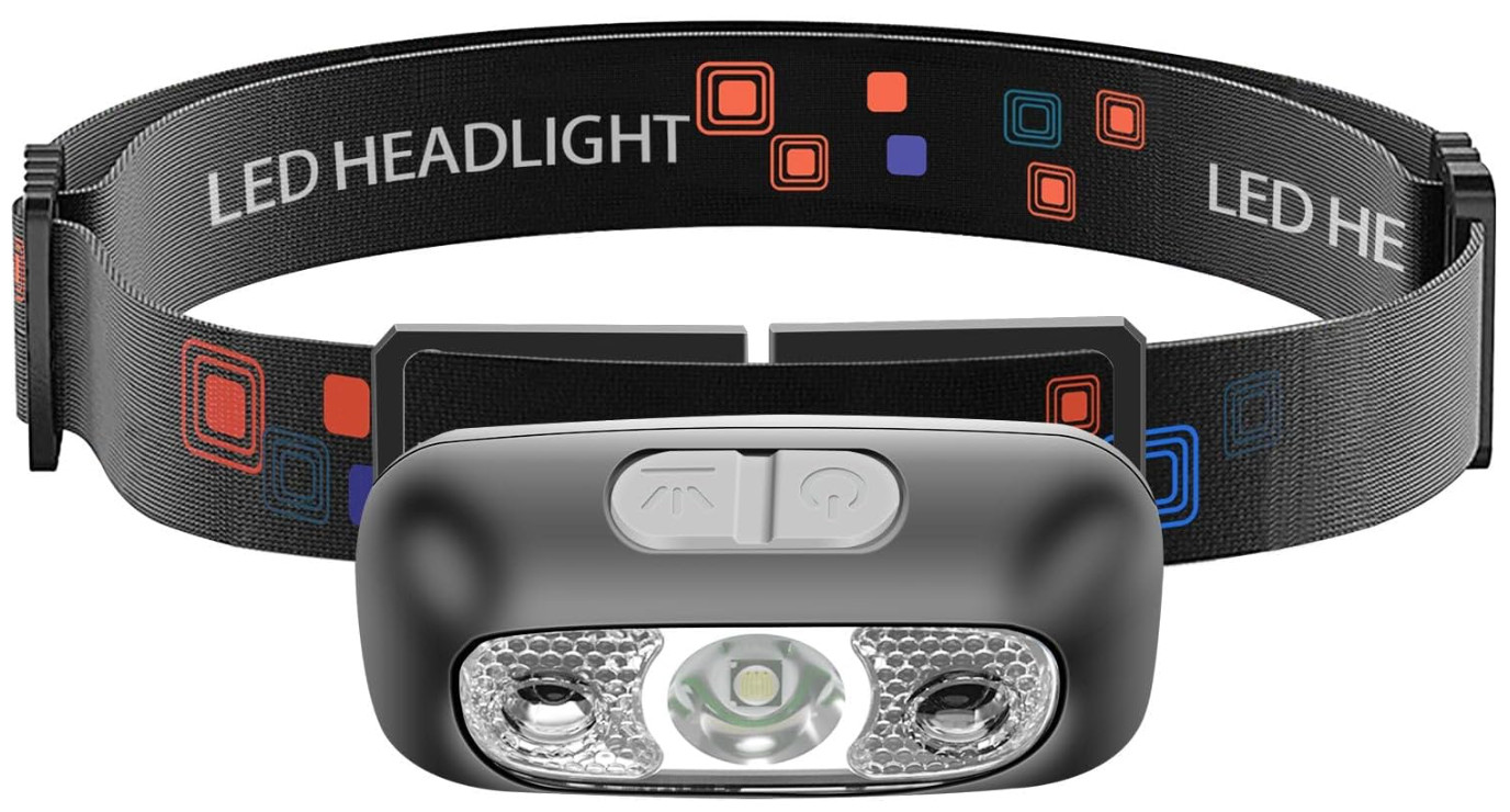 Linterna frontal LED recargable USB-C, 90°, ligera con sensor y resistente al ag
