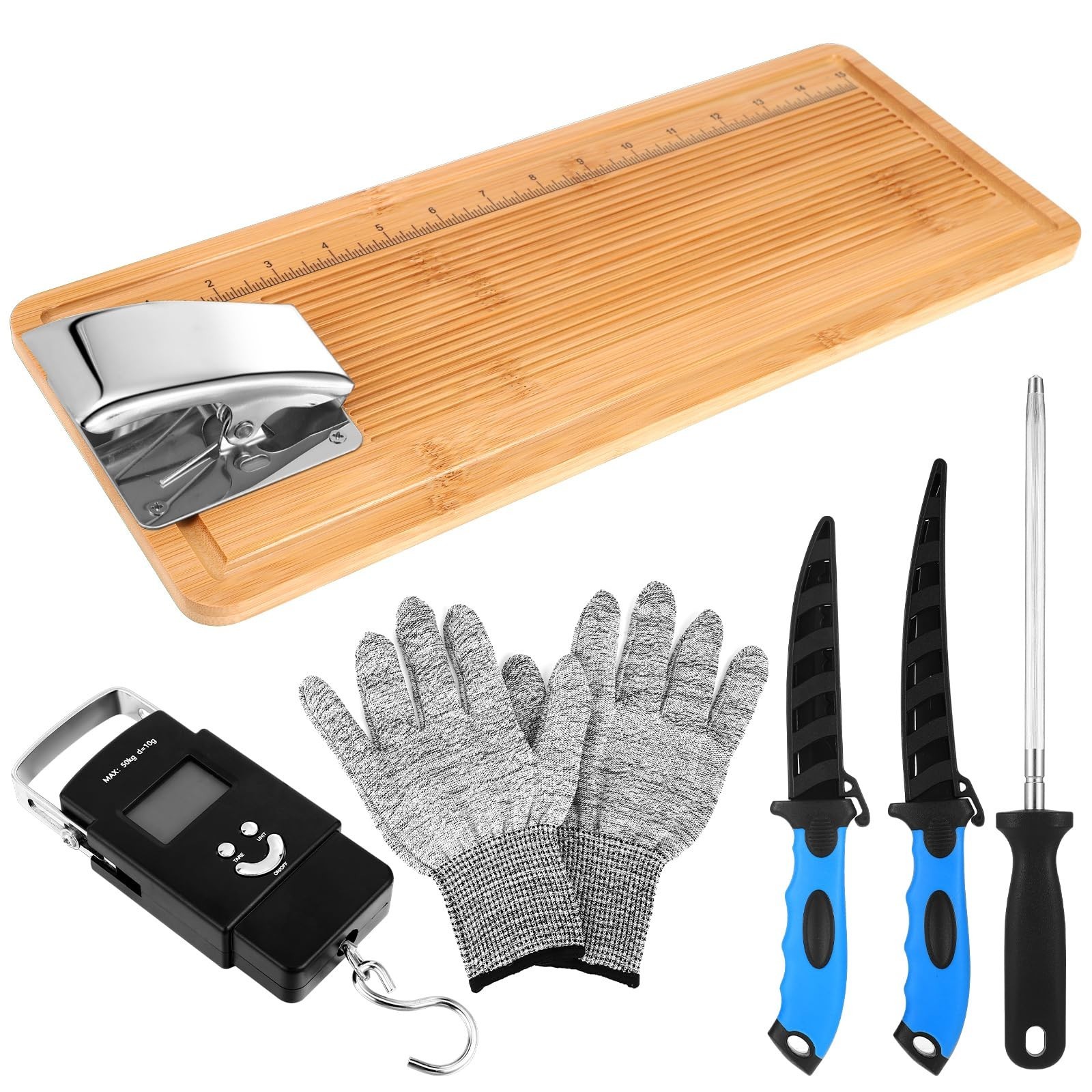 6-Piece Fish Cleaning Kit - Cutting Board, Fillet Boards, Knives, Gloves, Scale