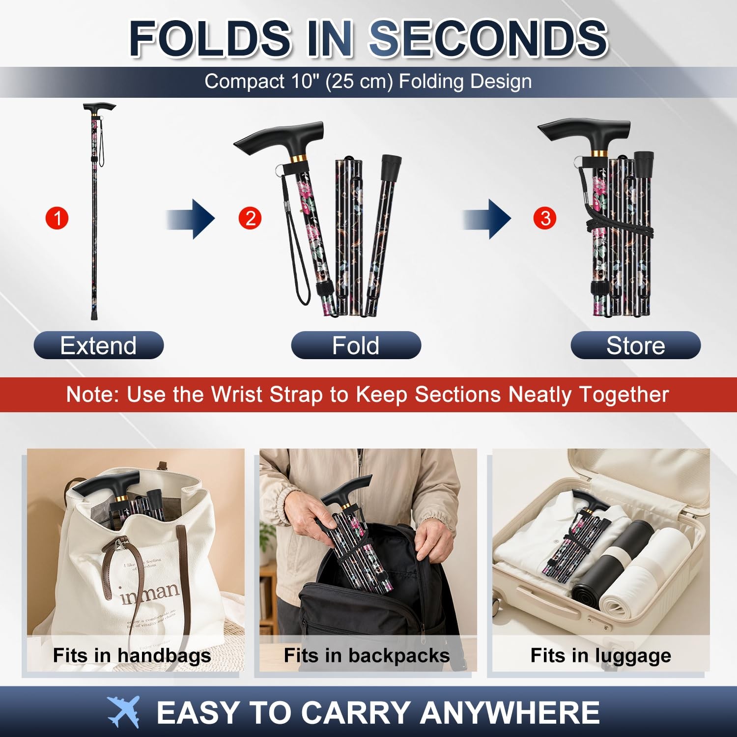 Folding Cane, 5-Level Adjustable Height 33-37", Black Floral
