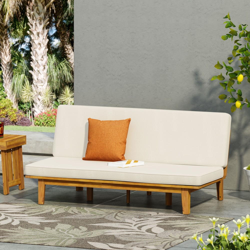 Acacia Wood Daybed w/ Waterproof Cushion, Converts to Bed, Beige