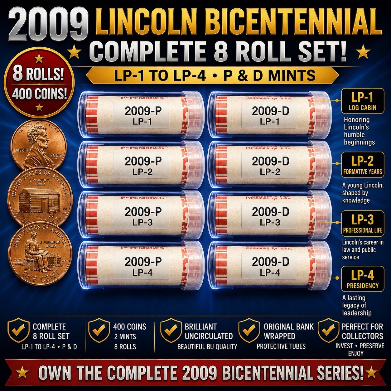 2009 Lincoln Bicentennial Complete 8 Roll Set • P&D LP1-LP4 • BU OBW Cents