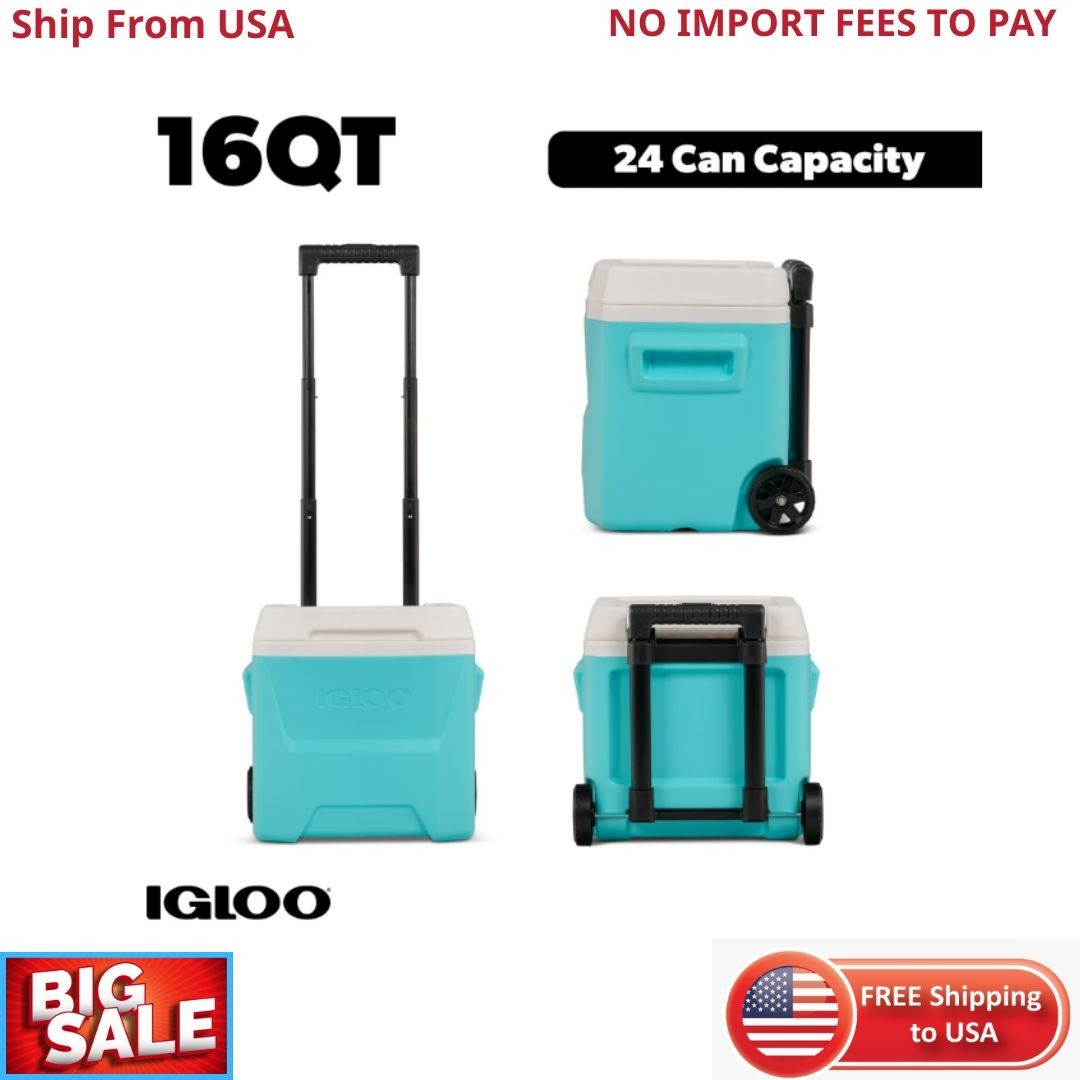 Igloo 16 QT Laguna Hard Side Ice Chest Cooler with Wheels, Aqua Blue New