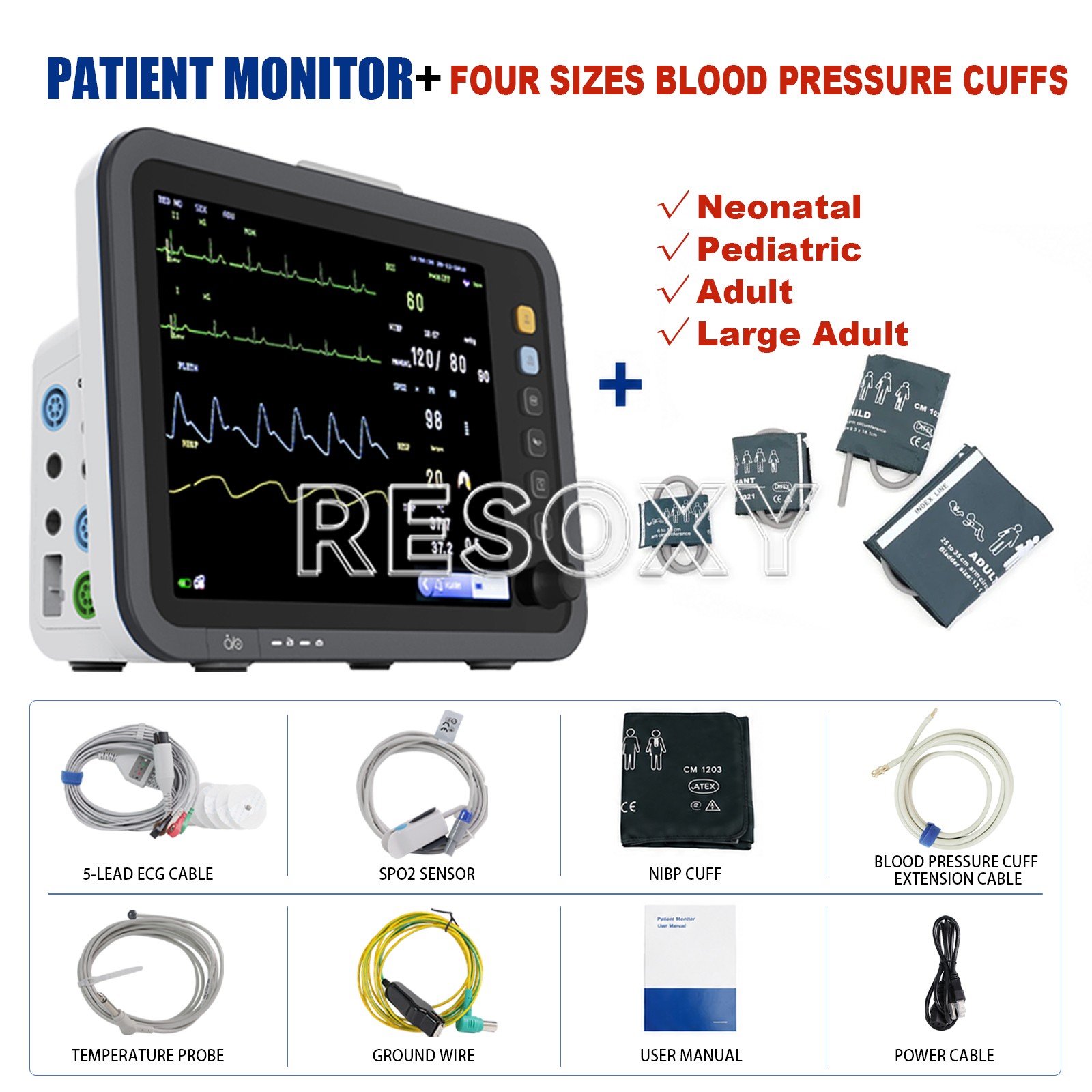 12 Inch Patient Monitor Vital Signs Monitor ECG/NIBP/TEMP/RESP/SPO2/PR