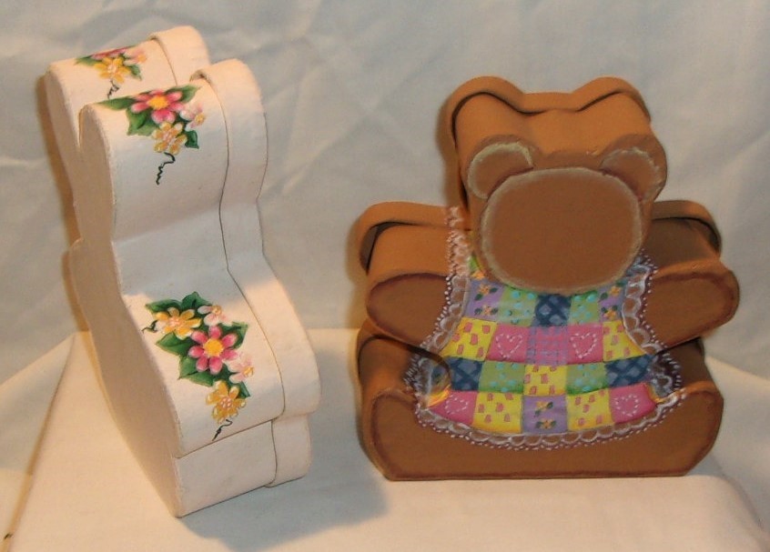 2 HAND PAINTED ANIMALS SHAPED GIFT BOXES - BUNNY RABBIT & BEAR -