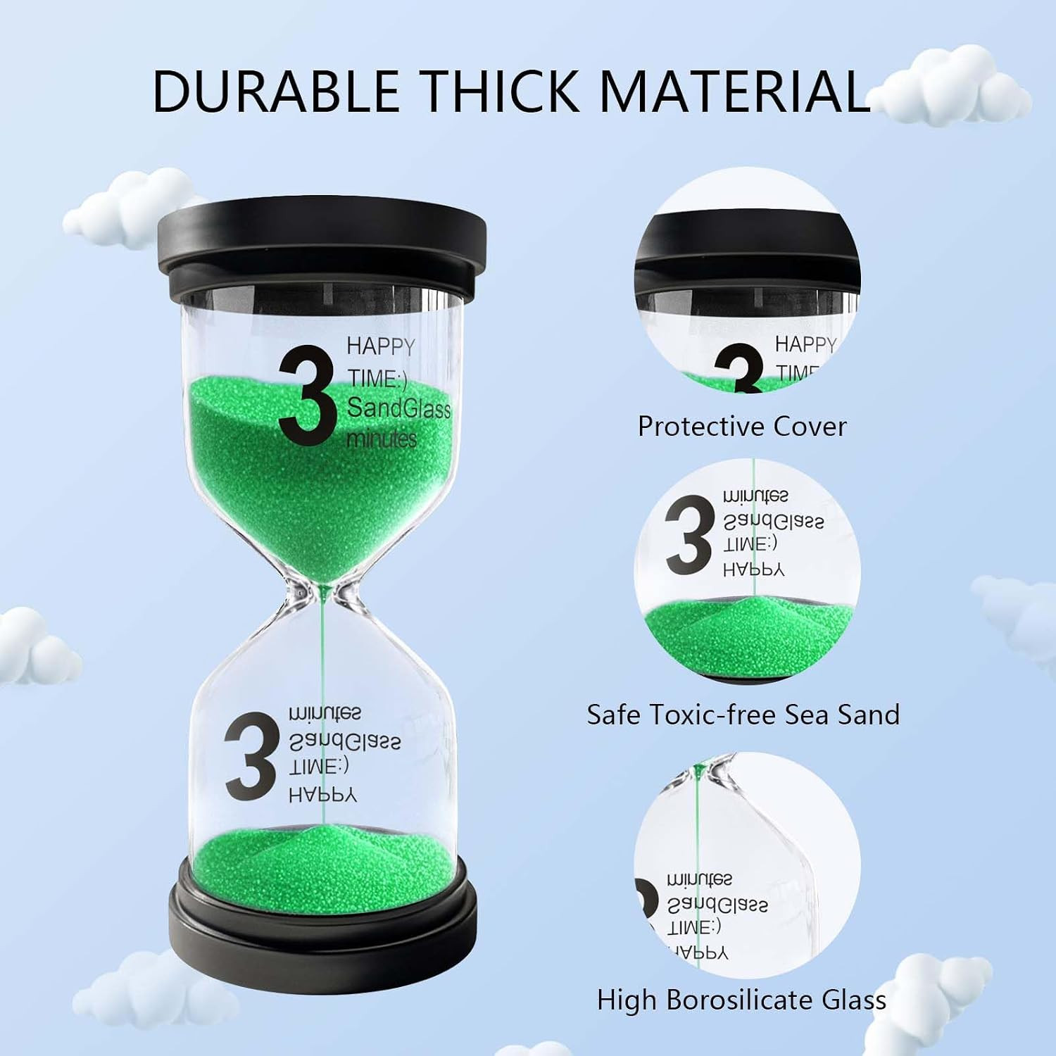 3 Minute Sand Timer for Classroom, Plastic Hourglass Sand Clock, Acrylic Small H