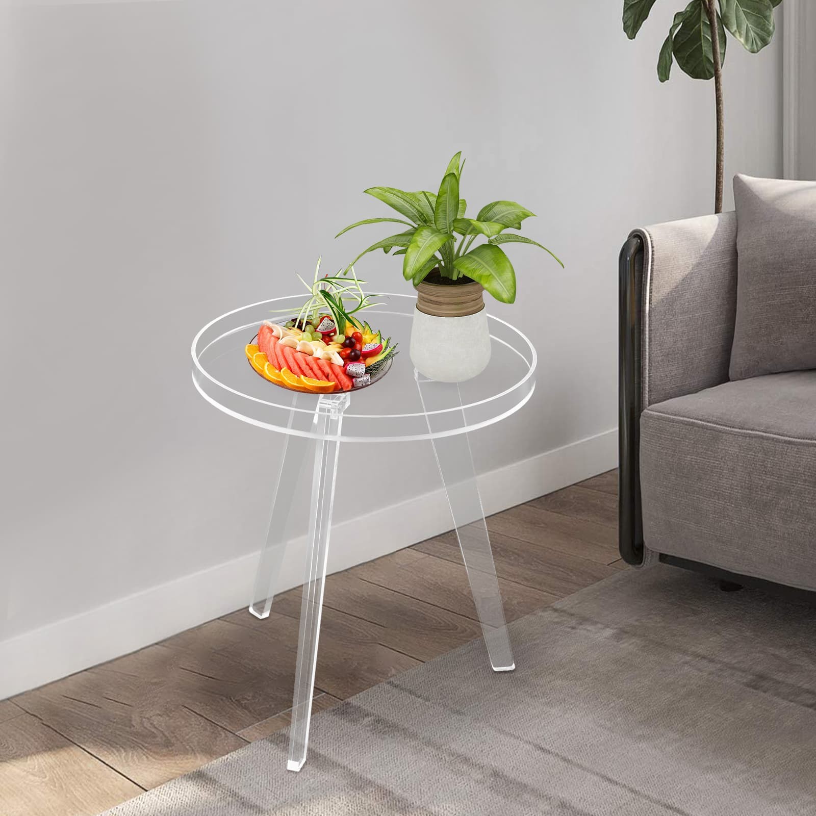 Clear Acrylic Side Table Round Ende Table Drink Table for Small Space 15.7"x18”