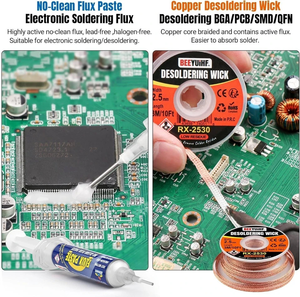 Electronics Soldering Flux Paste Desoldering Wick Kit for PCB Repairs