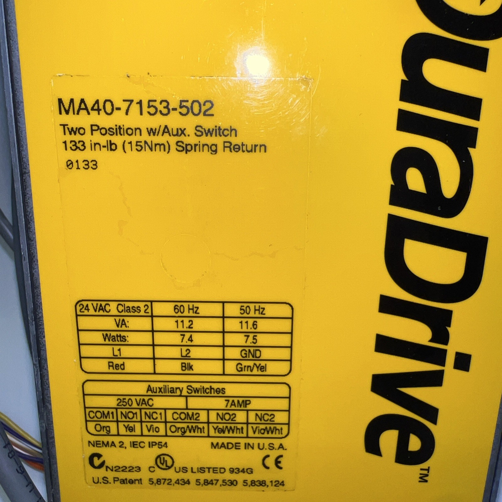DuraDrive MA40-7153-502 Two Position Actuator Spring Return